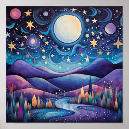 Whimsical nacht grote maan landschap poster