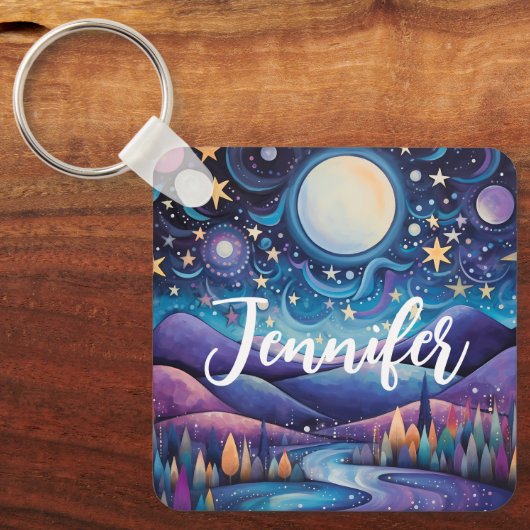 Whimsical nacht grote maan landschap sleutelhanger (Voorkant)