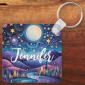 Whimsical nacht grote maan landschap sleutelhanger (Achterkant)