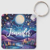 Whimsical nacht grote maan landschap sleutelhanger (Achterkant)
