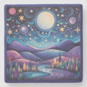 Whimsical nacht grote maan landschap stenen onderzetter (Voorkant)