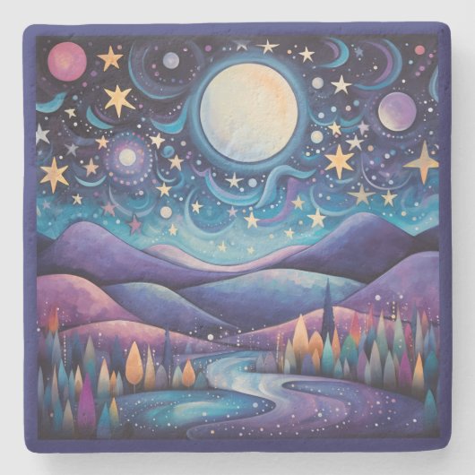 Whimsical nacht grote maan landschap stenen onderzetter (Voorkant)