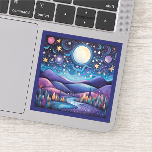 Whimsical nacht grote maan landschap sticker