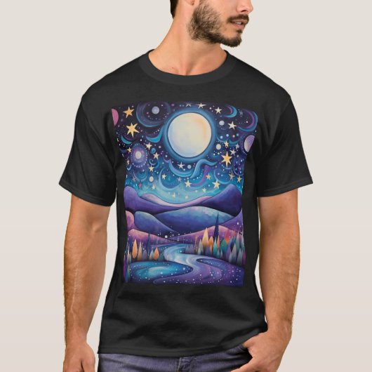 Whimsical nacht grote maan landschap t-shirt (Voorkant)