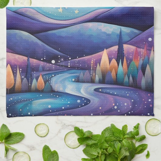 Whimsical nacht grote maan landschap theedoek (Gevouwen)