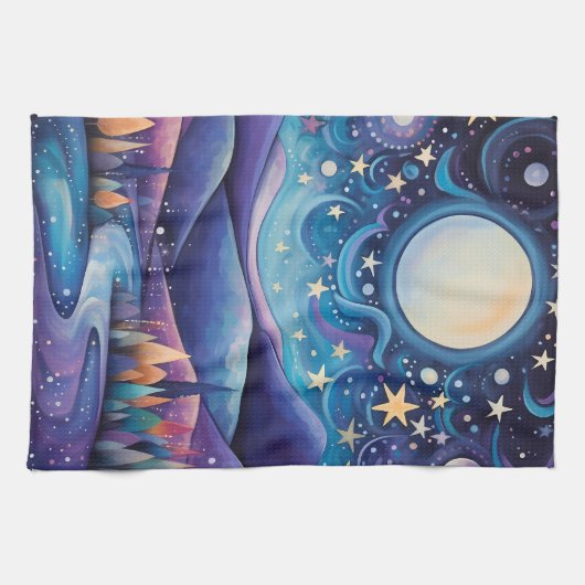 Whimsical nacht grote maan landschap theedoek (Horizontaal)