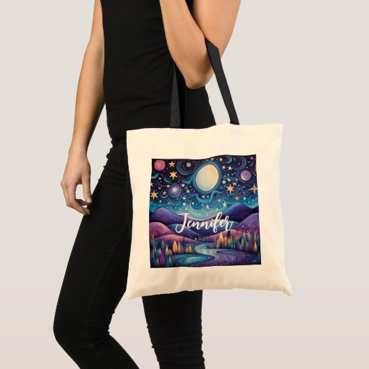Whimsical nacht grote maan landschap tote bag (Voorkant (product))