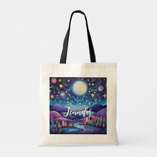 Whimsical nacht grote maan landschap tote bag (Achterkant)