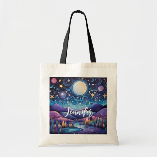 Whimsical nacht grote maan landschap tote bag (Voorkant)