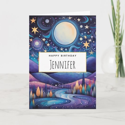 Whimsical Nacht Grote Maan Landschap Verjaardag Kaart (Voorkant)