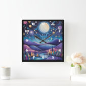 Whimsical nacht grote maan landschap vierkante klok (Huis)