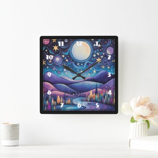 Whimsical nacht grote maan landschap vierkante klok (Huis)