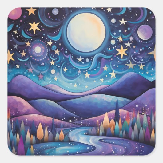 Whimsical nacht grote maan landschap vierkante sticker (Voorkant)