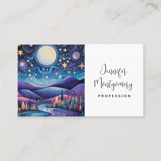 Whimsical nacht grote maan landschap visitekaartje (Voorkant)