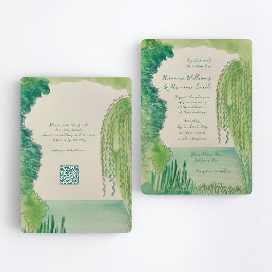 Whimsical Nature Hand Painted QR RSVP Wedding Kaart
