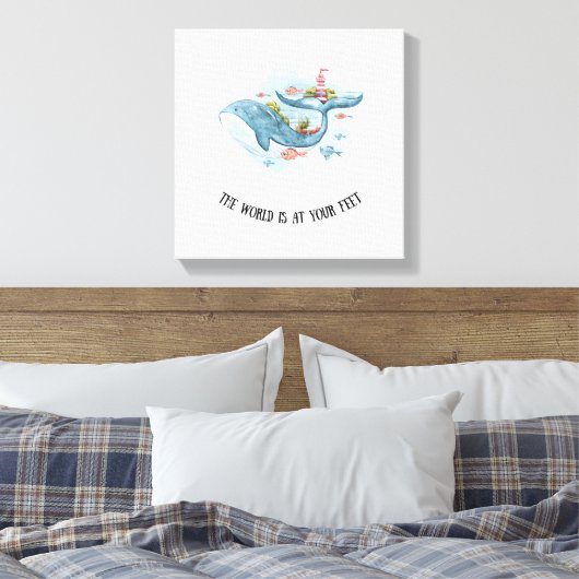 Whimsical Nautical Blue Whale Stretch Canvas Print (Insitu (Slaapkamer))
