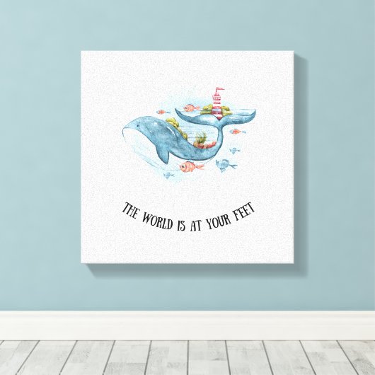 Whimsical Nautical Blue Whale Stretch Canvas Print (Insitu (Houten vloer))