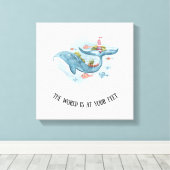 Whimsical Nautical Blue Whale Stretch Canvas Print (Insitu (Houten vloer))