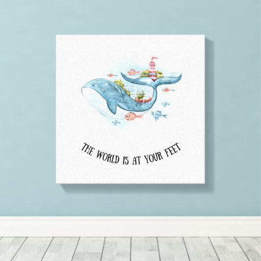 Whimsical Nautical Blue Whale Stretch Canvas Print (Insitu (Houten vloer))