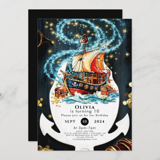 Whimsical Nautical Pirate Ship Verjaardag Kaart (Voorkant / Achterkant)