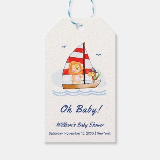 Whimsical Nautical Wild Lion Sailboat Baby shower Cadeaulabel (Voorkant)