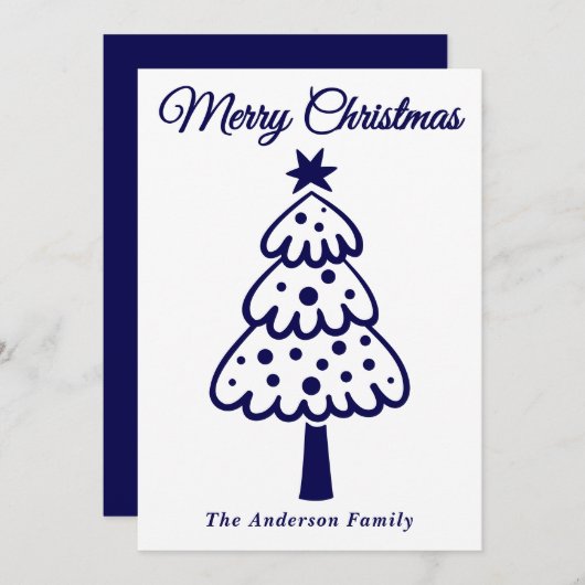 Whimsical Navy Blauwe Hand getrokken kerstboom Feestdagenkaart (Voorkant / Achterkant)