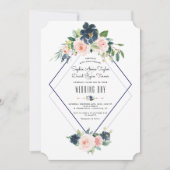 Whimsical Navy Blue Blush Floral Wedding Kaart (Voorkant)