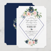 Whimsical Navy Blue Blush Floral Wedding Kaart (Voorkant / Achterkant)