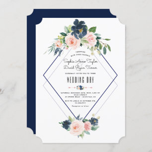 Whimsical Navy Blue Blush Floral Wedding Kaart