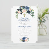Whimsical Navy Blue Blush Flowers First Communy Kaart (Staand voorkant)