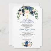 Whimsical Navy Blue Blush Flowers First Communy Kaart (Voorkant)