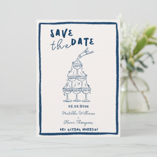 Whimsical Navy Blue Save the Date Uitnodiging (Staand voorkant)
