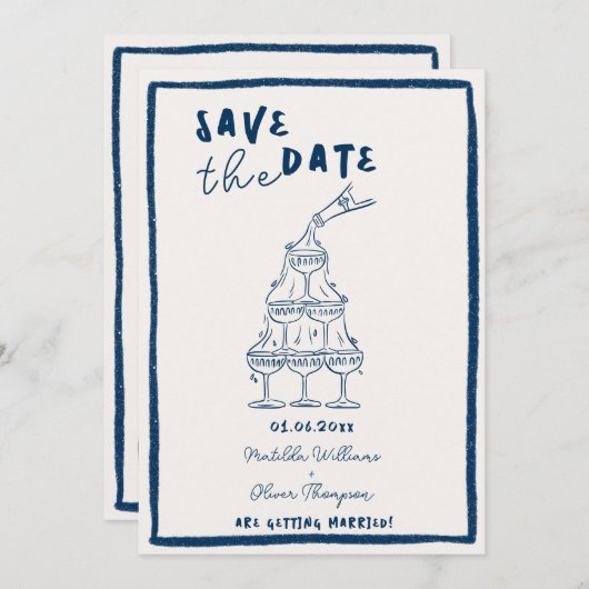 Whimsical Navy Blue Save the Date Uitnodiging (Voorkant / Achterkant)
