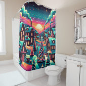 "Whimsical Neon Christmas Village" Douchegordijn (In situ)
