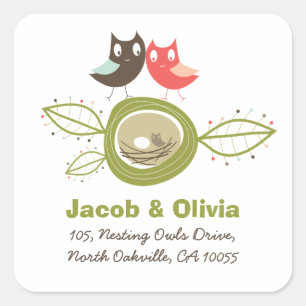 Whimsical Nesting Owl Family Baby shower Adres Vierkante Sticker