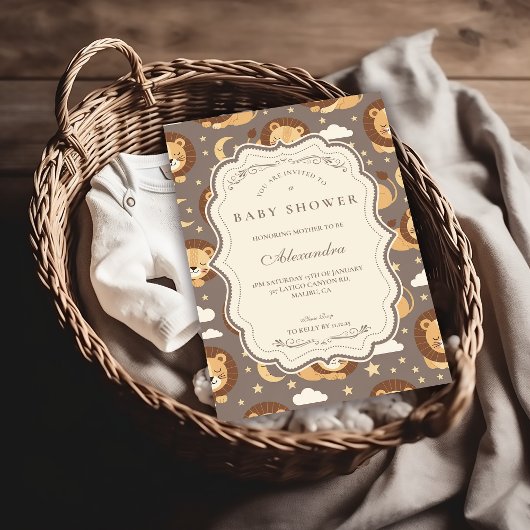 Whimsical Neutral Safari Lion Baby Shower Kaart