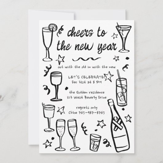 Whimsical NEW YEAR Party Cocktail Drinken Custom Kaart (Voorkant)