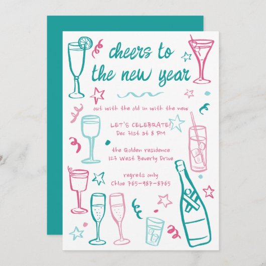 Whimsical NEW YEAR Party Cocktail Drinken Custom Kaart (Voorkant / Achterkant)