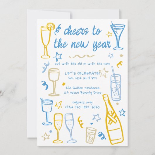 Whimsical NEW YEAR Party Cocktail Drinken Custom Kaart (Voorkant)