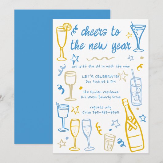 Whimsical NEW YEAR Party Cocktail Drinken Custom Kaart (Voorkant / Achterkant)
