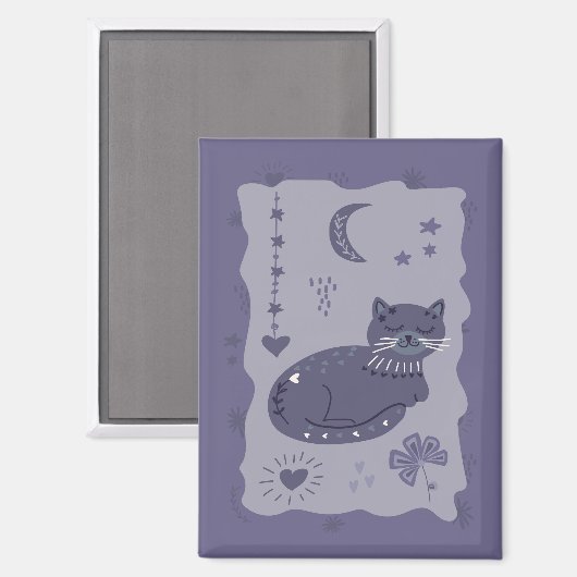Whimsical Night Cat Folk Art Magnet (Voorkant / Achterkant)