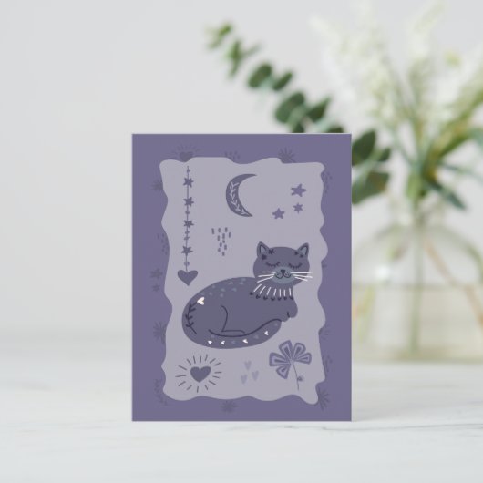 Whimsical Night Cat Folk Art Postcard Briefkaart (Staand voorkant)