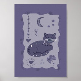 Whimsical Night Cat Folk Art Poster