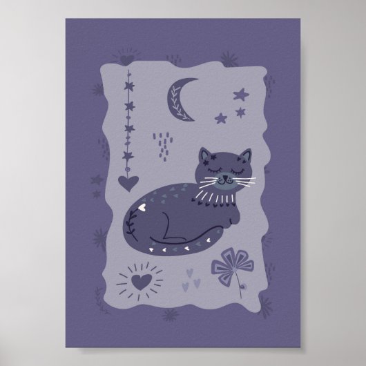 Whimsical Night Cat Folk Art Poster (Voorkant)