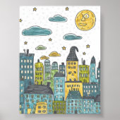 Whimsical Night CityScape – speelse handgetekende  Poster (Voorkant)