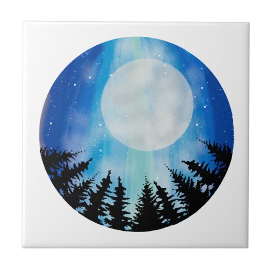 Whimsical Night Full Moon Forest Sky Blue Cirkel Tegeltje (Voorkant)