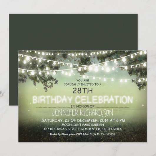 Whimsical Night & Garden Lights Verjaardagsuitnodi Kaart (Voorkant / Achterkant)