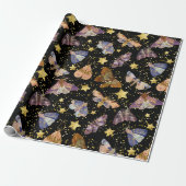 Whimsical Night Moth Butterflies Faux Gold Stars Cadeaupapier (Uitgerold)
