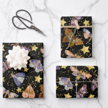 Whimsical Night Moth Butterflies Faux Gold Stars