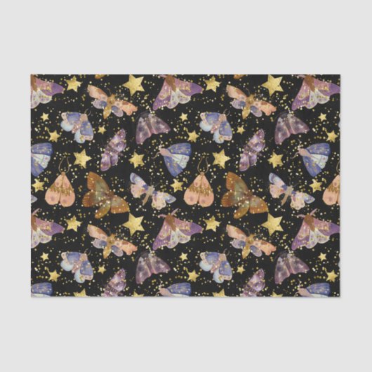 Whimsical Night Moth Butterflies Faux Gold Stars Tissuepapier (Voorkant)